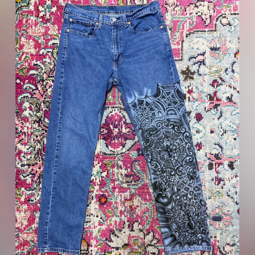 Custom Airbrushed Levi's Blue Jeans with Black Web Design